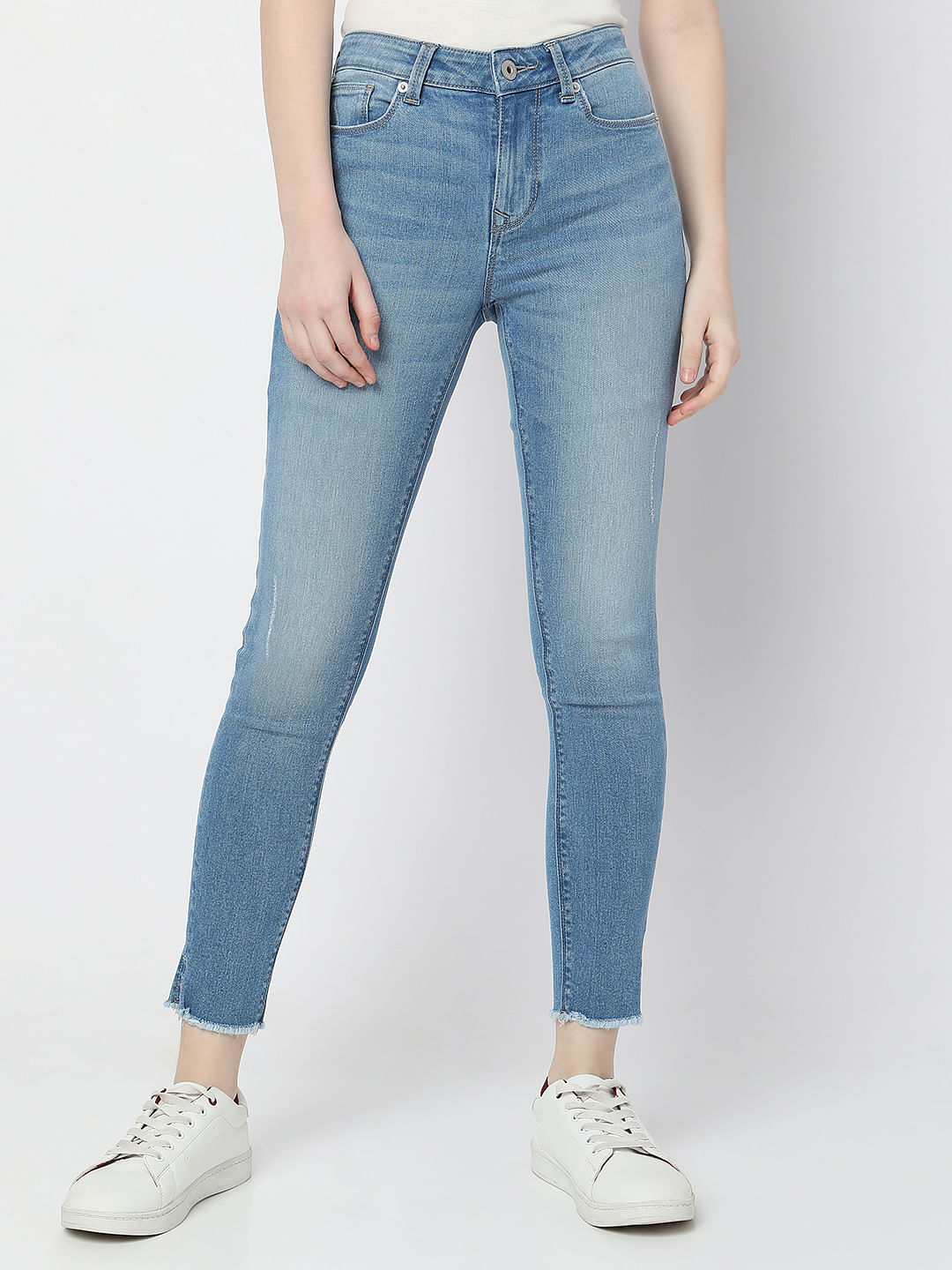Blue Frayed Hem Straight Jeans Ripped Holes Slant Pockets - Temu