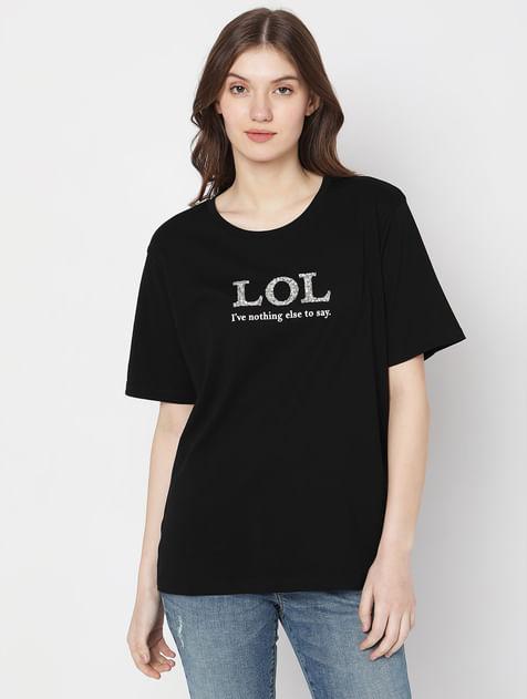 Black Embellished Text Print T-shirt