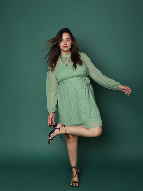 CURVE Green Dobby Textured Fit & Flare Dress