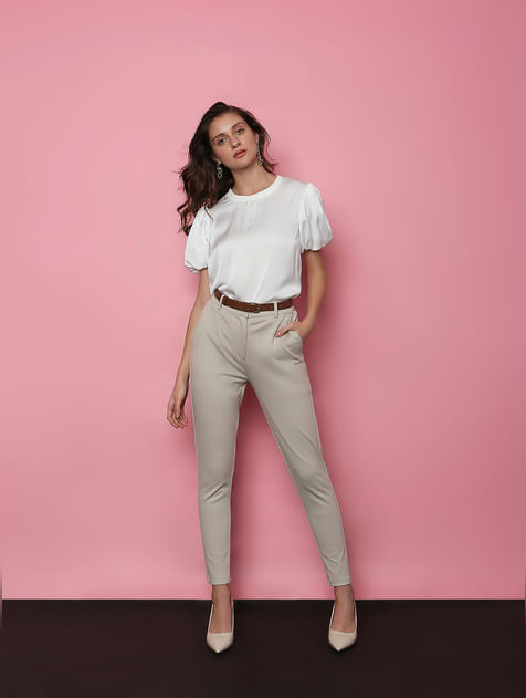 Beige Mid Rise Skinny Fit Co-ord Set Trousers