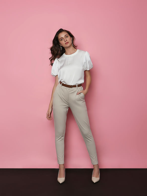 Beige Mid Rise Skinny Fit Trousers