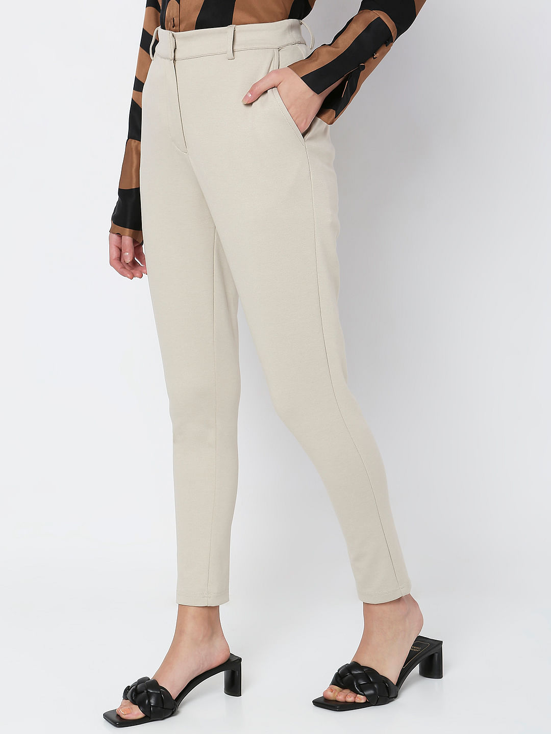ASOS DESIGN high waisted stretch skinny pants with split front in stone |  ASOS