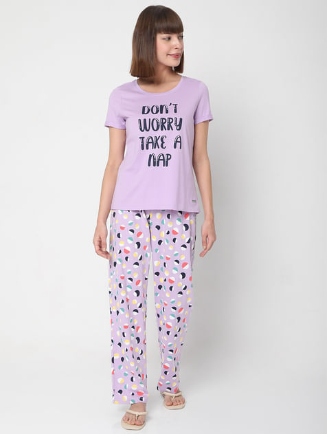 Purple T-shirt & Pyjama Night Suit Set