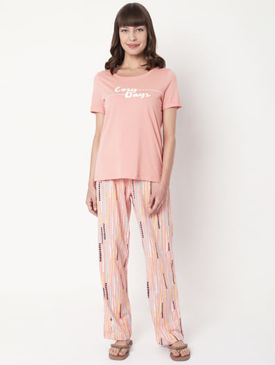 Pink T-shirt & Pyjama Night Suit Set