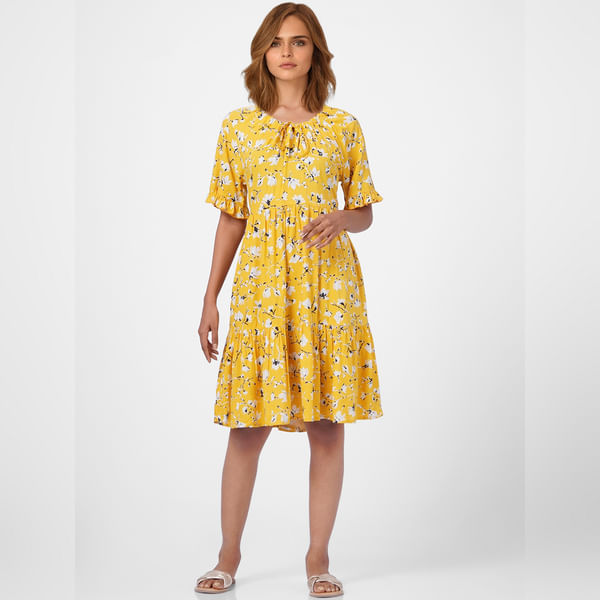 VERO MODA Women Yellow Floral Dress, Short Sleeves, V Neck