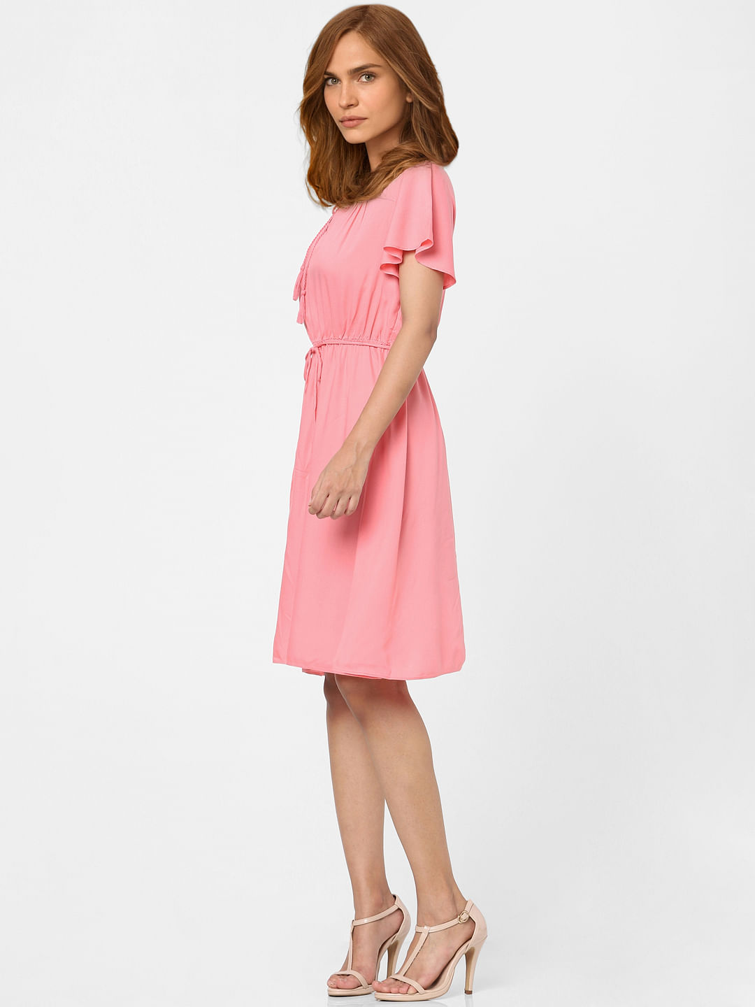 Women's Pink Fit And Flare Dress Long Sleeve Square Neck | Ally Fashion