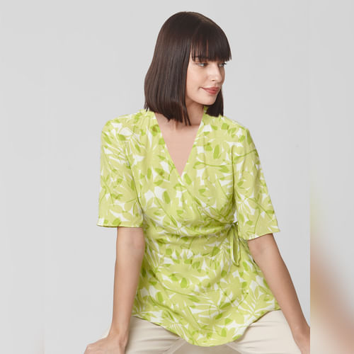 Green Printed Cinched Waist Top
