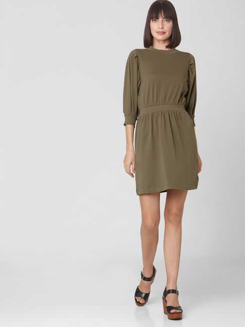 Green Cuff Sleeves Fit & Flare Dress
