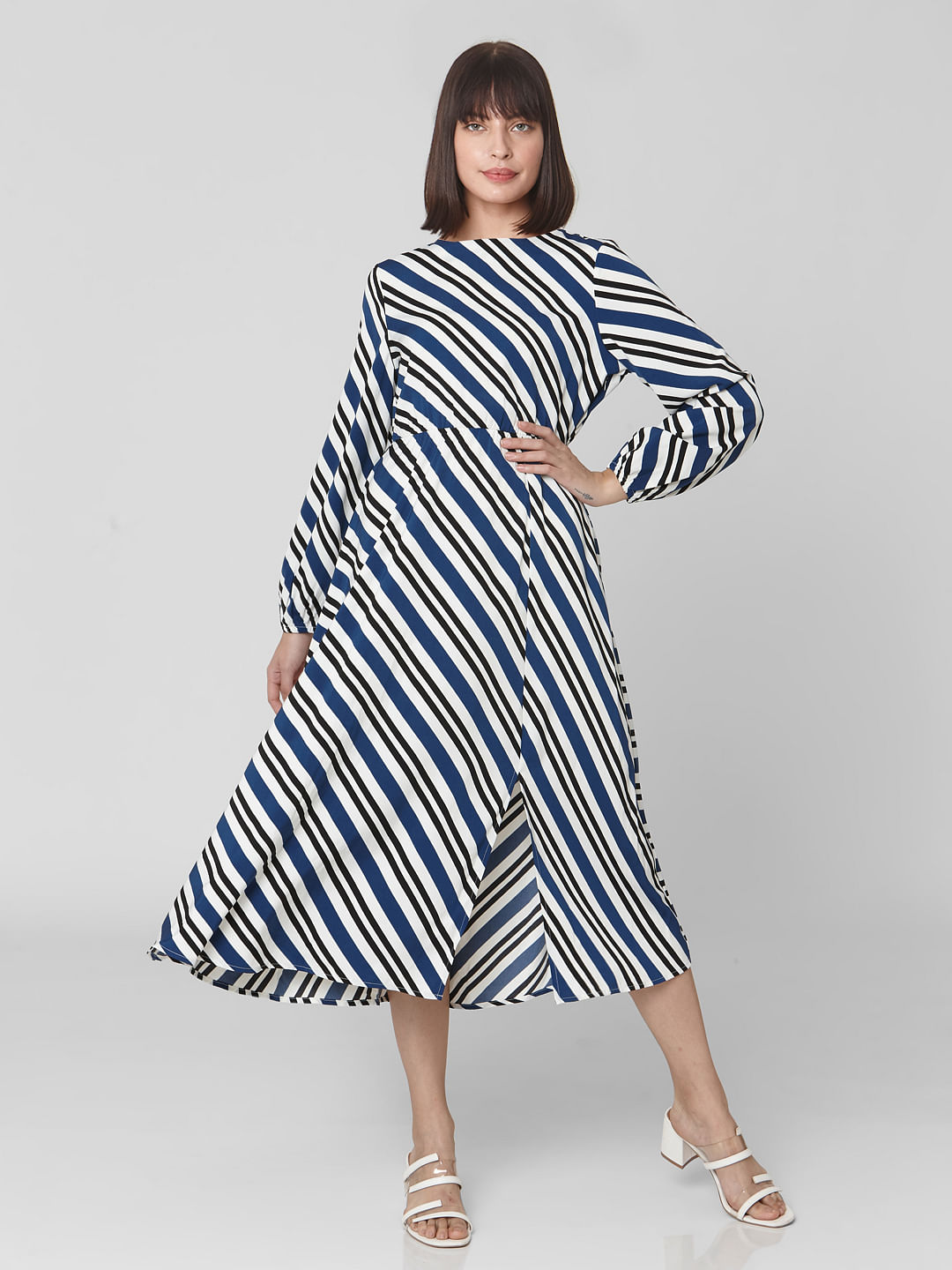 blue striped midi dress