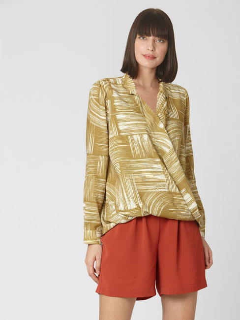 Brown Abstract Print Wrap Top
