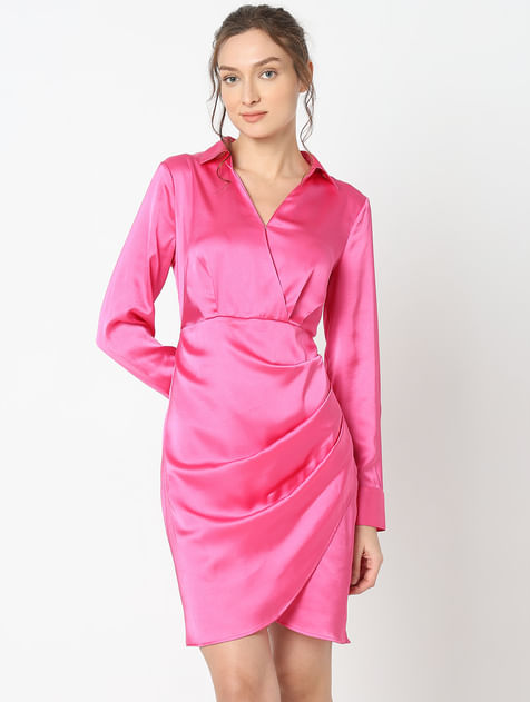 Pink Mock Wrap Shirt Dress