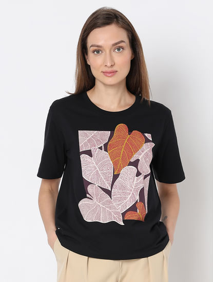Black Sequin Leaf Print T-shirt