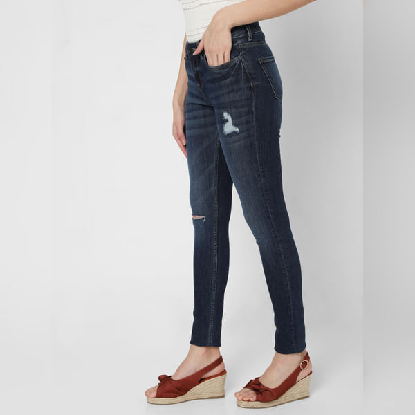 VERO MODA Blue Mid Rise Ripped Skinny Jeans