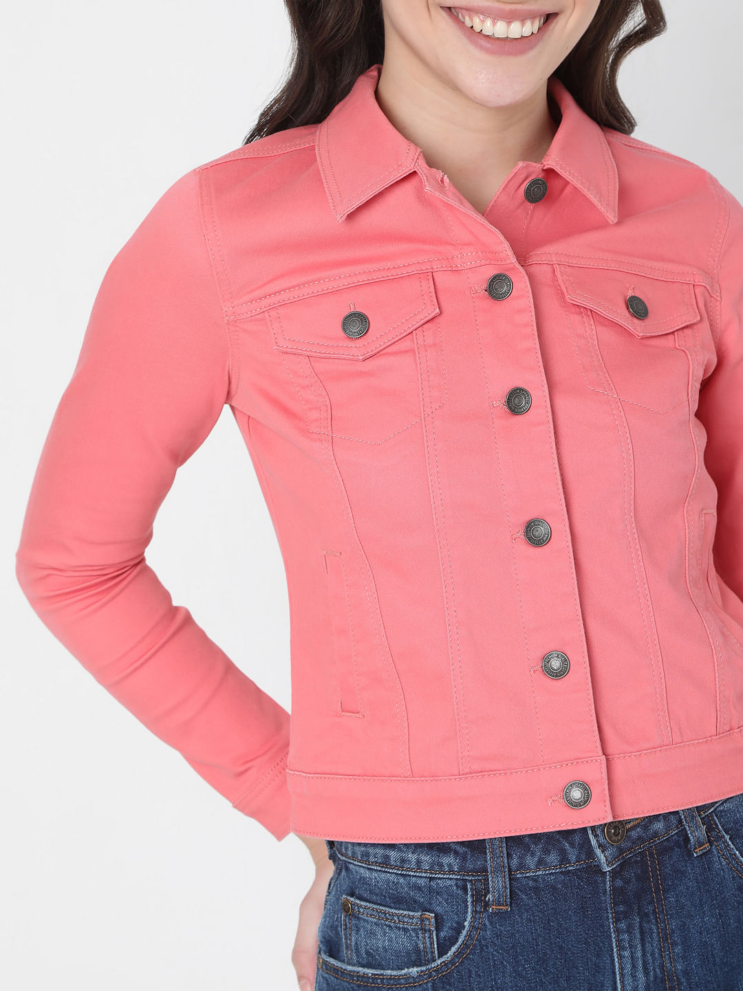 Peach Solid Denim Jacket - Buy Peach Solid Denim Jacket online in India