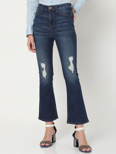 Blue Mid Rise Distressed Bootcut Jeans