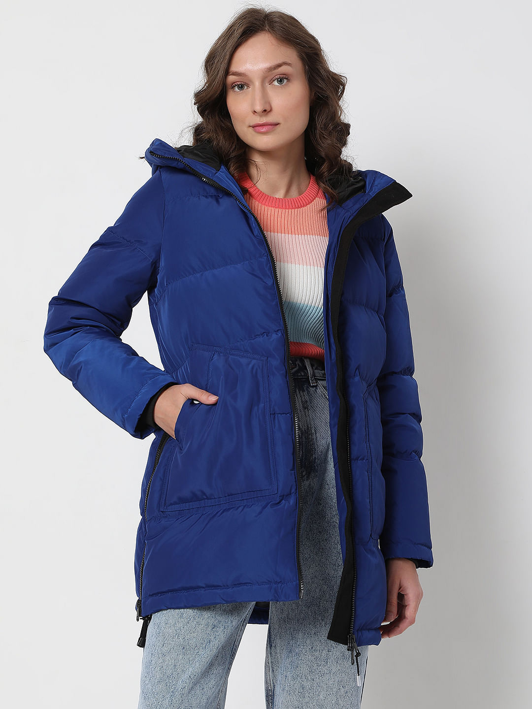 navy faux fur quilted puffer jacket