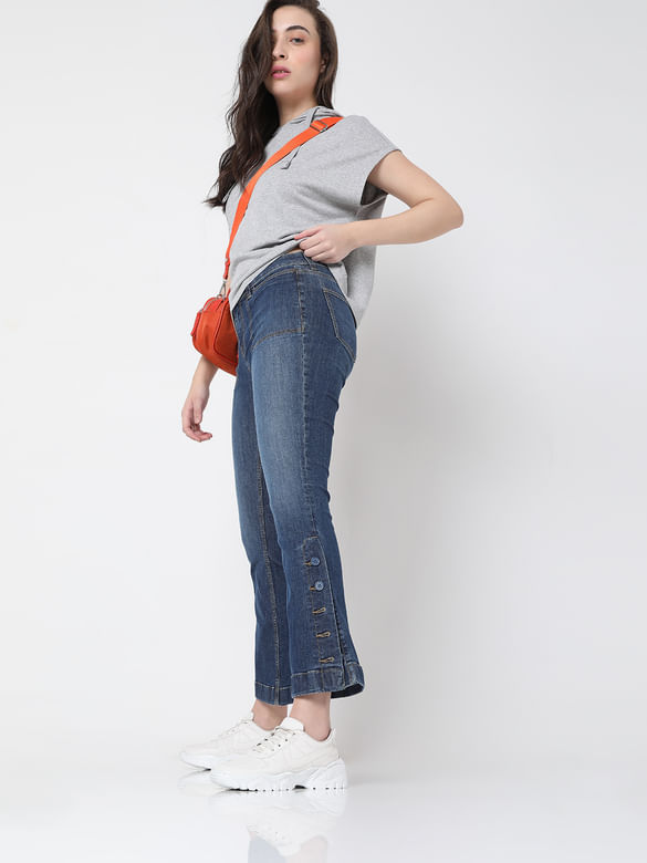 Blue Mid Rise Washed Petra Bootcut Jeans