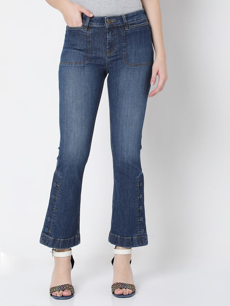 Blue Mid Rise Washed Petra Bootcut Jeans