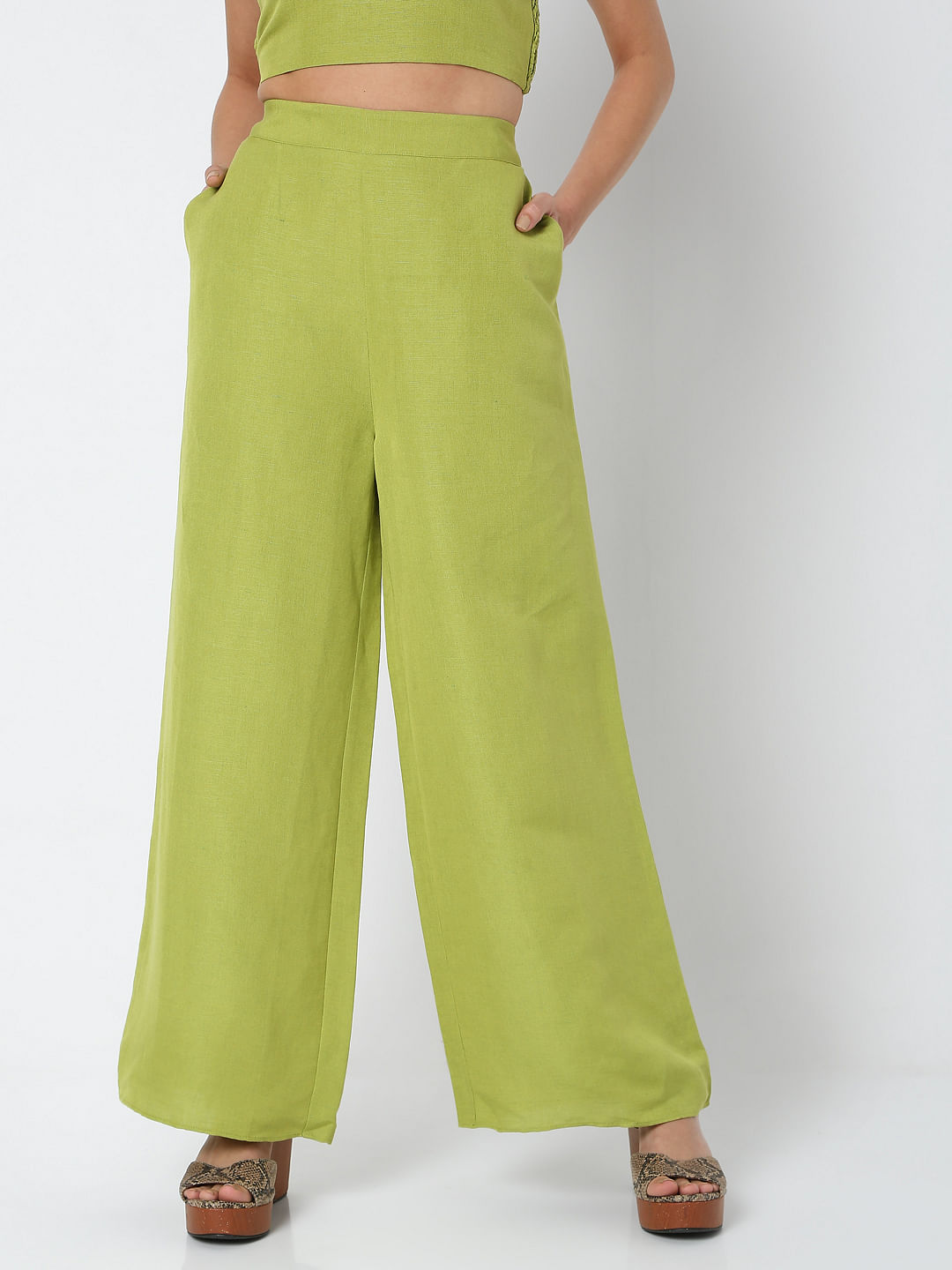 PLEATED FITTED CROP TOP  FLARED TROUSERS COORD SET  GREEN  Miss Guilty