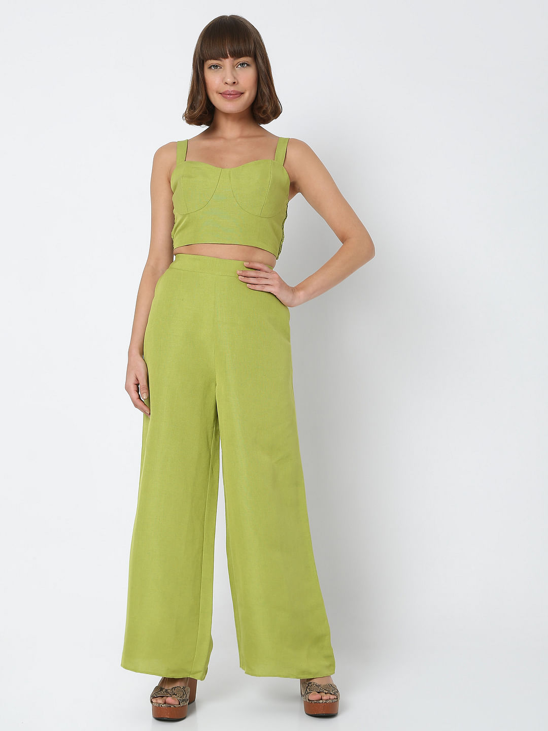 Ruched Crop Top And Flared Trousers CoOrd Set Green I Lily Lulu