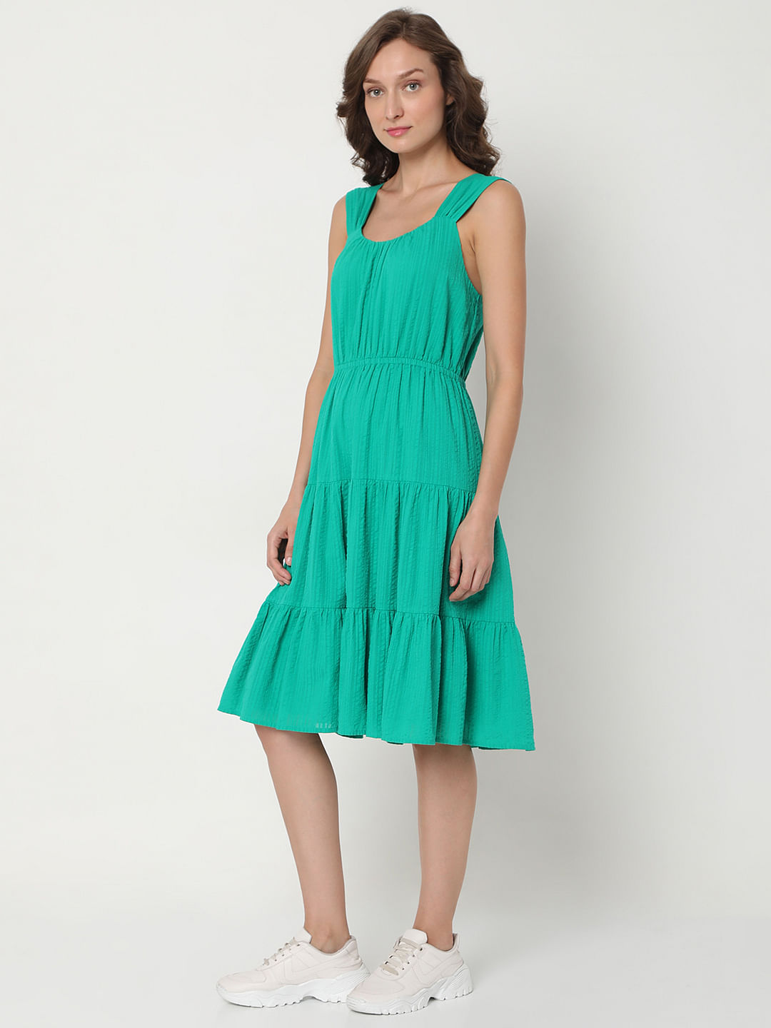 green tiered midi dress