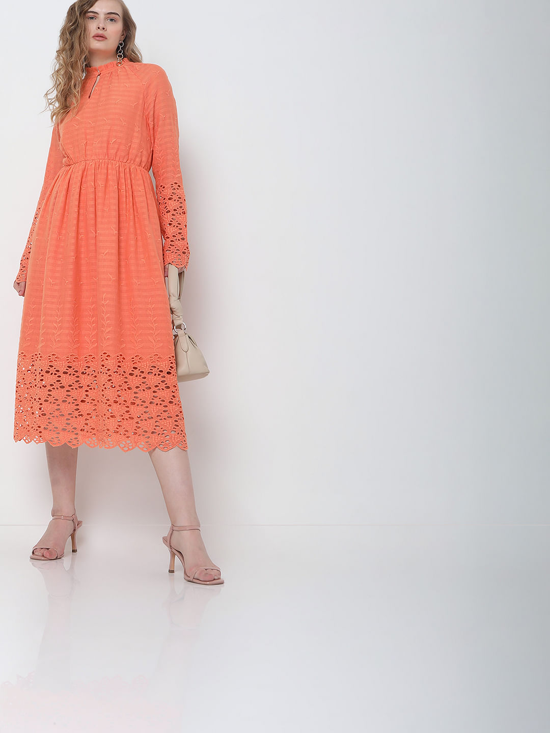 Peach Embroidered Midi Dress