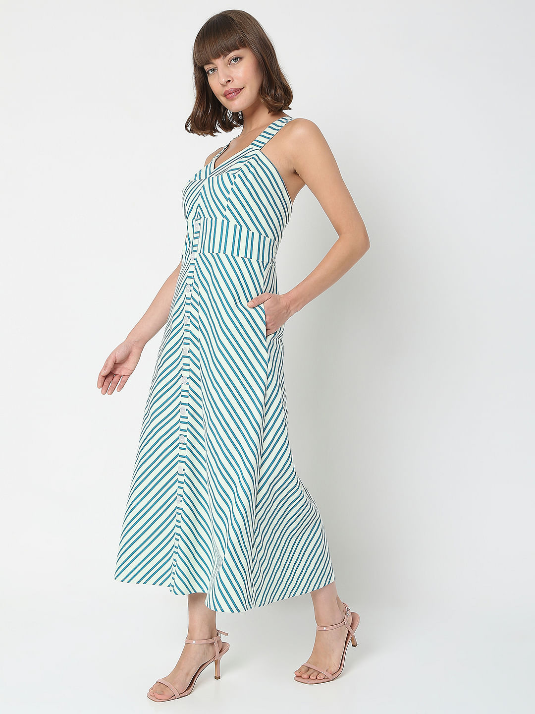 Blue striped clearance midi dress