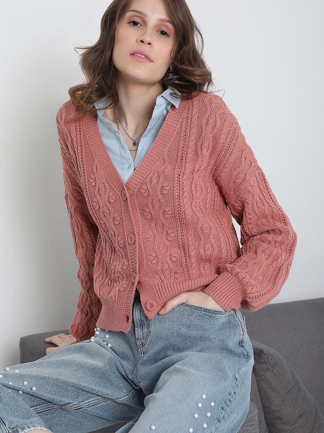 womens pink cable knit cardigan