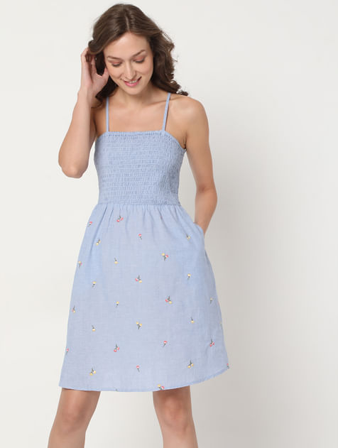 Blue Embroidered Fit & Flare Dress