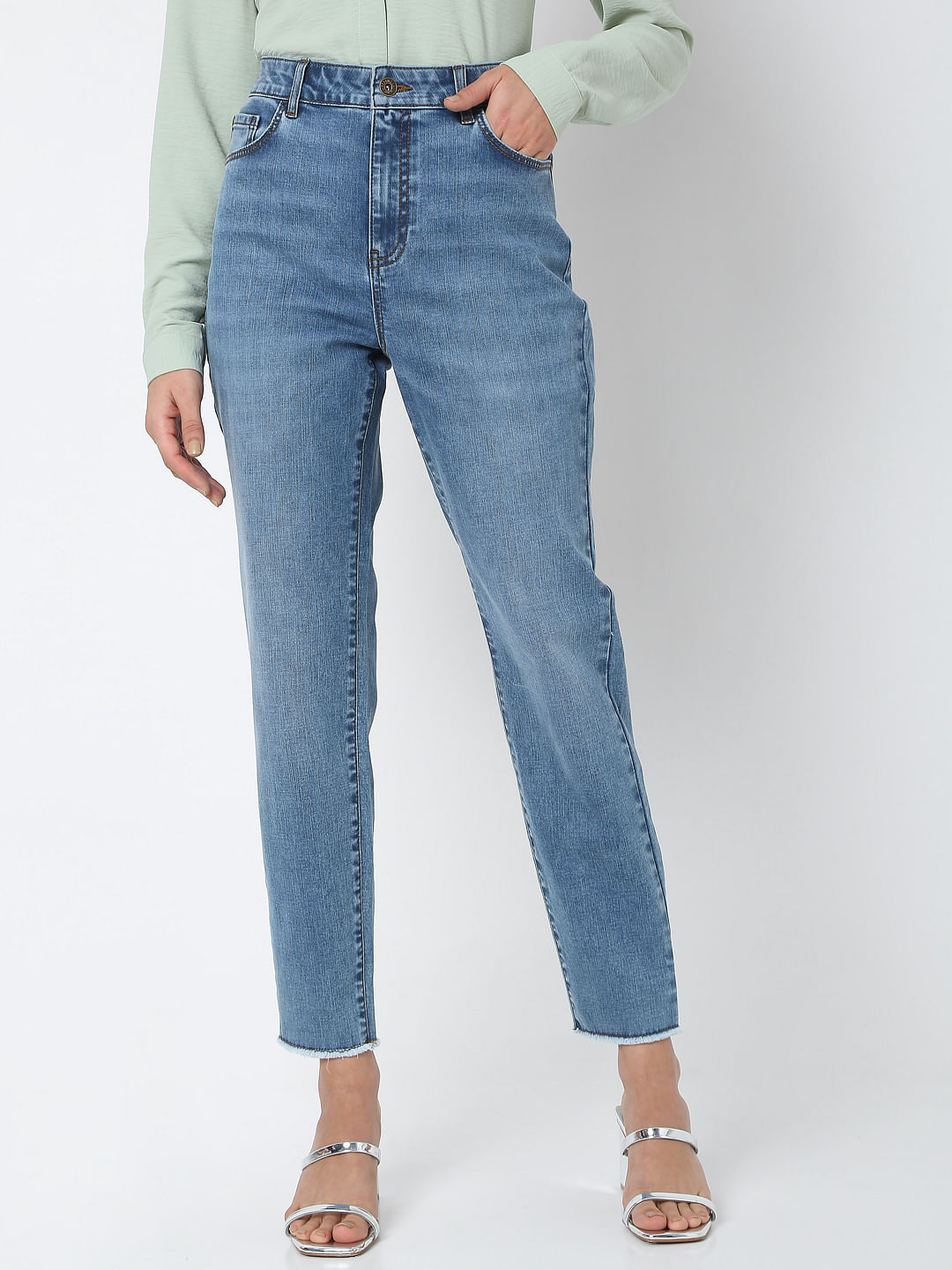 Blue Mid Rise Plain Straight Fit Jeans