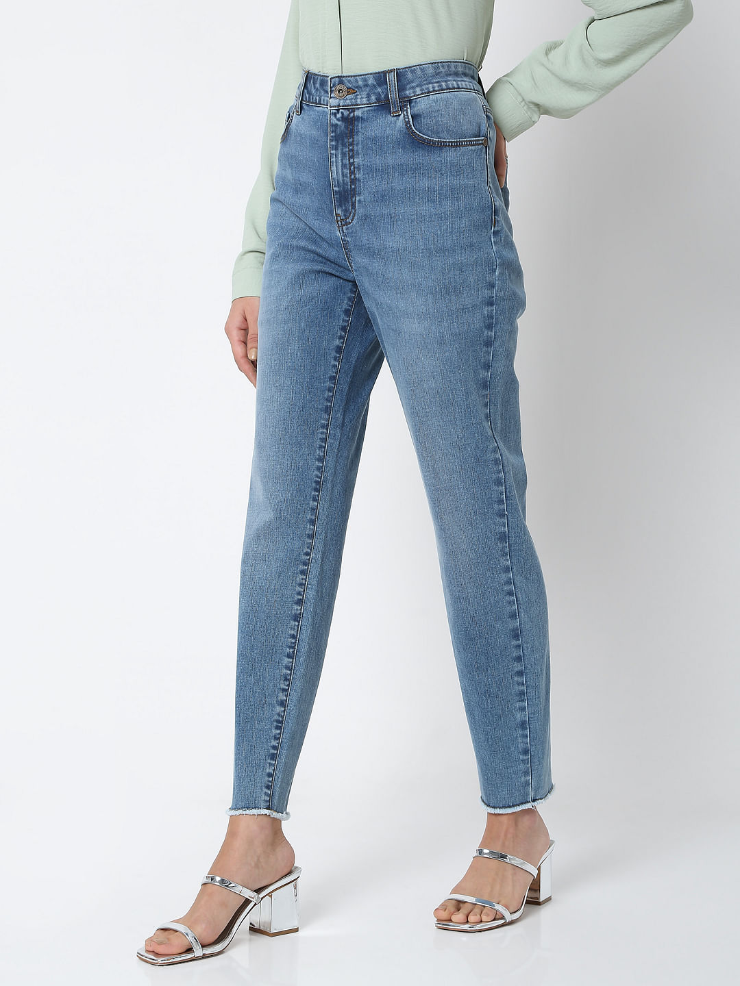 Blue Mid Rise Plain Straight Fit Jeans