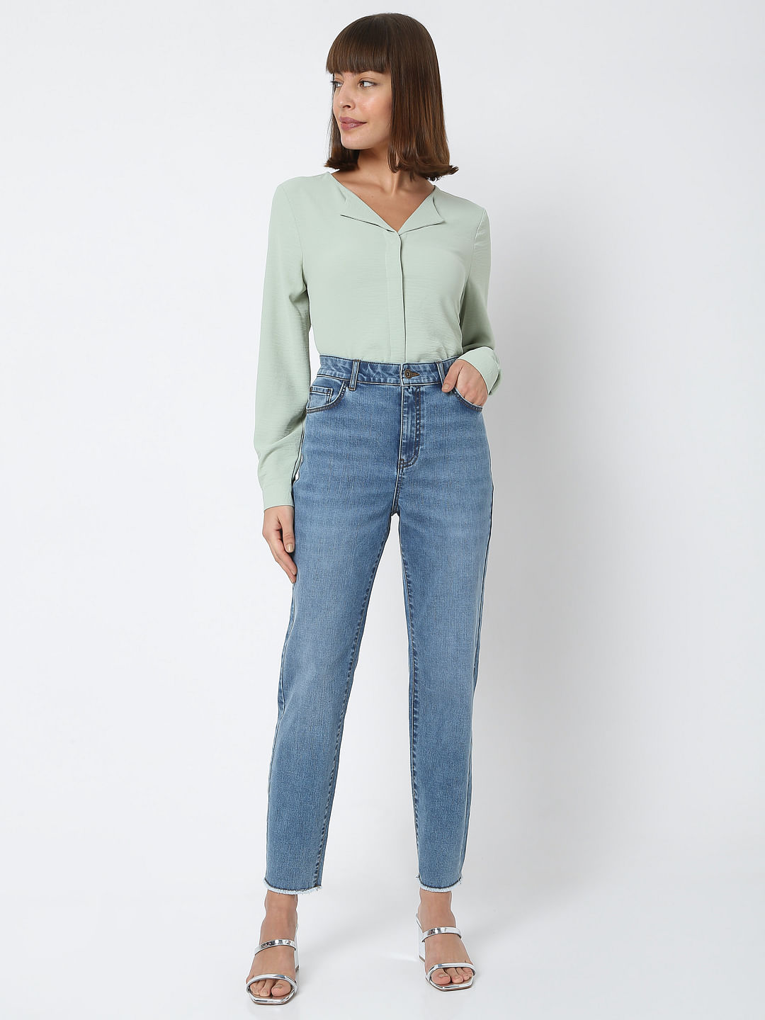 Blue Mid Rise Plain Straight Fit Jeans