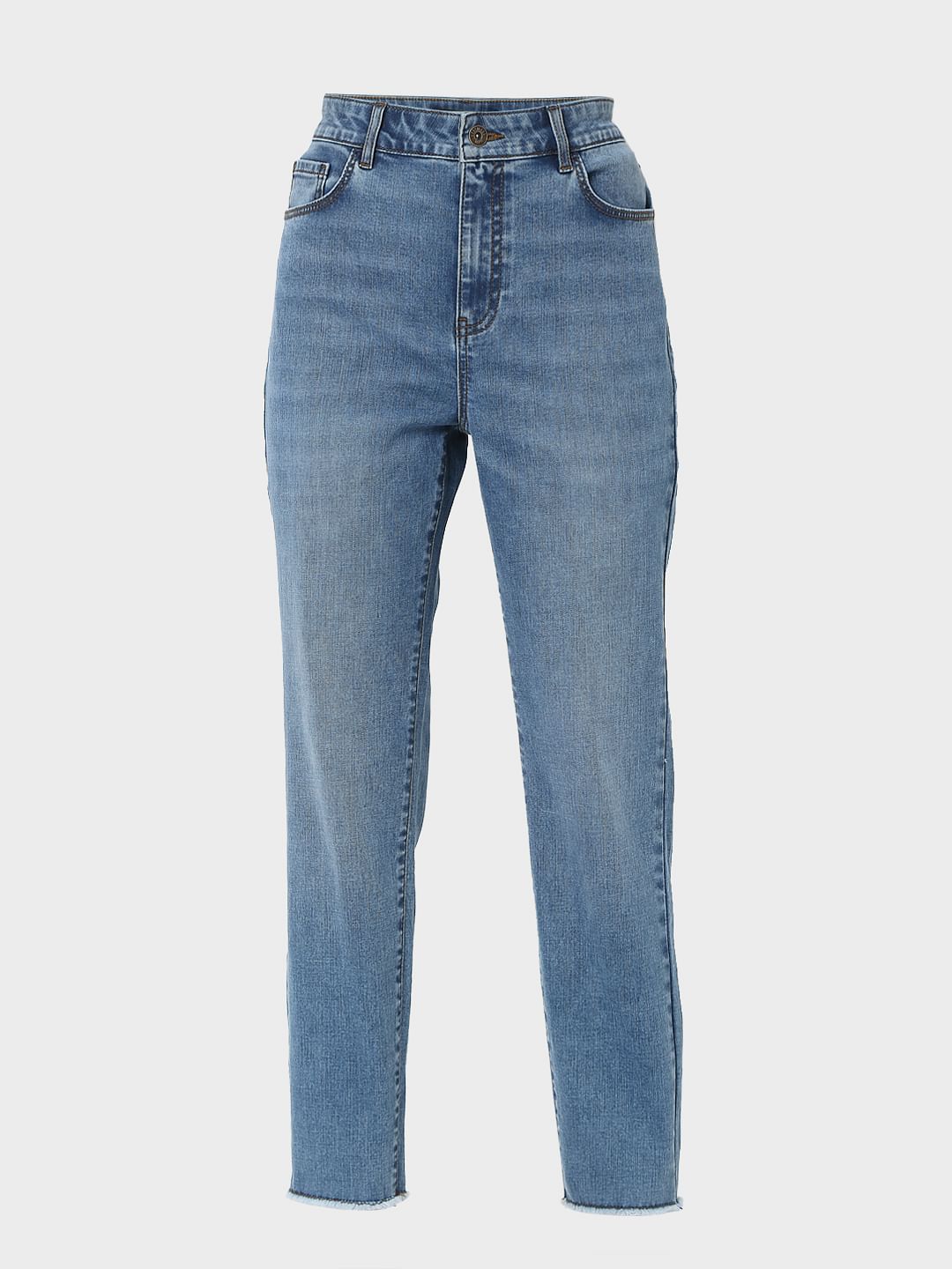 Blue Mid Rise Plain Straight Fit Jeans