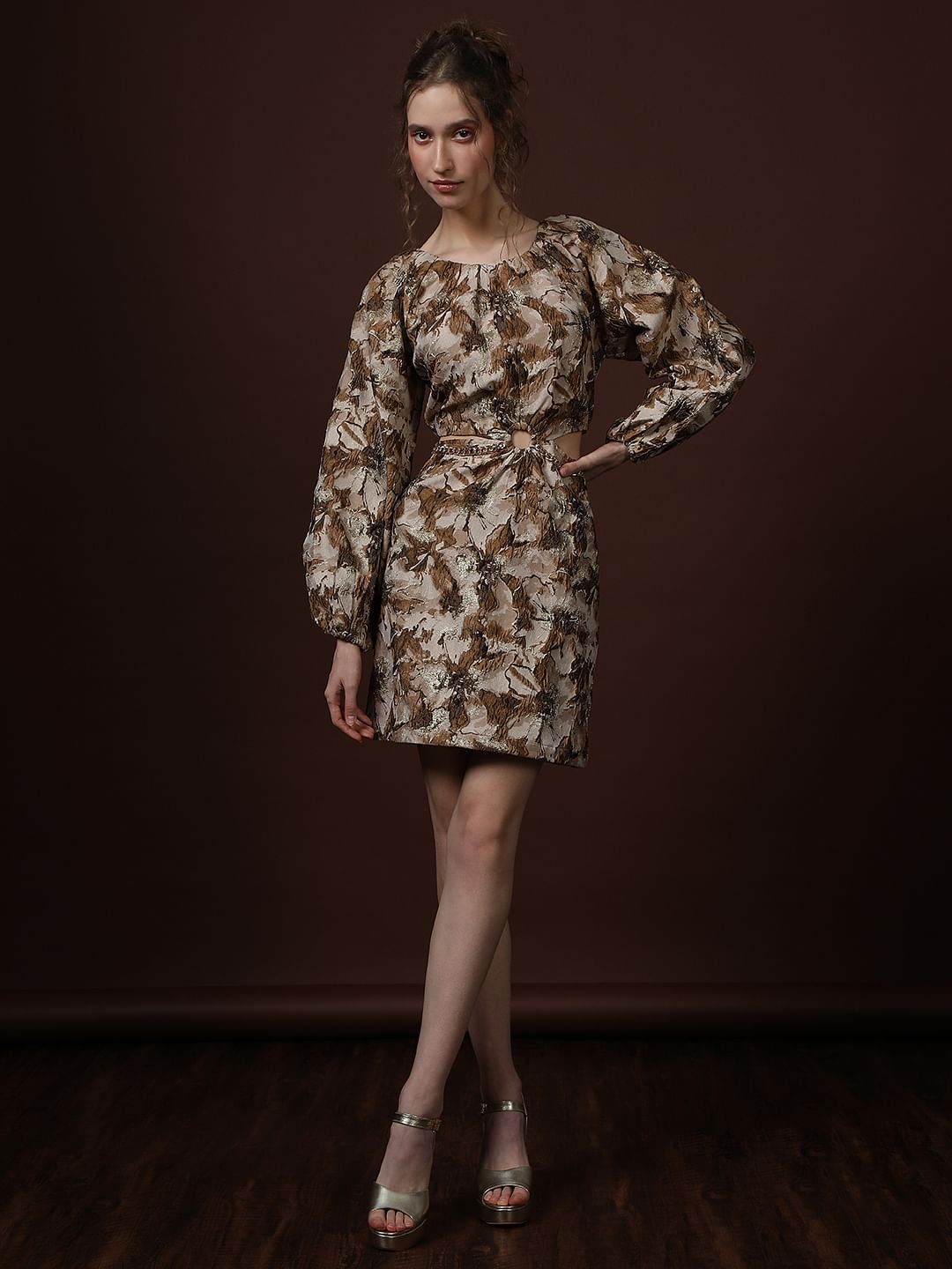 GOLD FLORAL JAQUARD DRESS