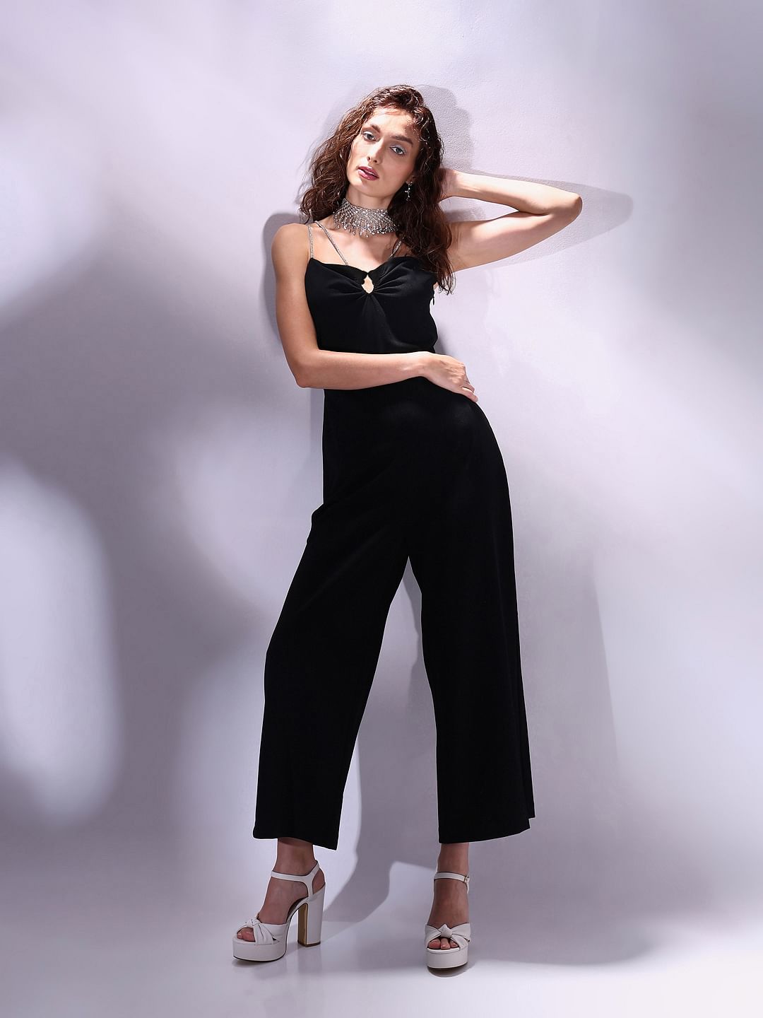 Overlay embellished split neck store black jumpsuit