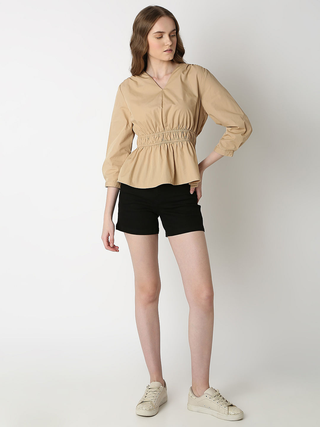 Beige Cotton Peplum Top