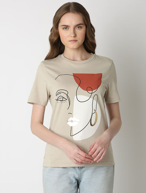 Beige Abstract Print T-shirt