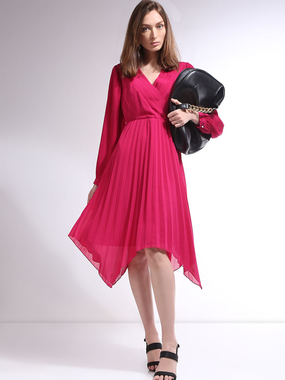 Pink Pleated Asymmetric Dress
