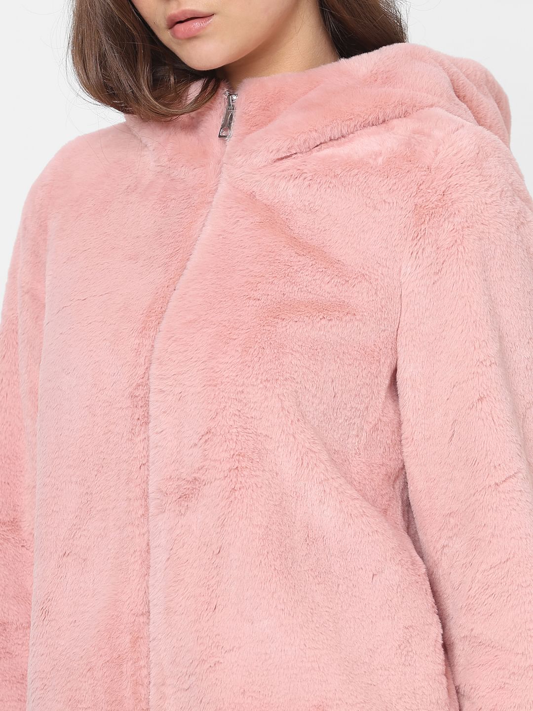 Pink fur clearance zip up hoodie