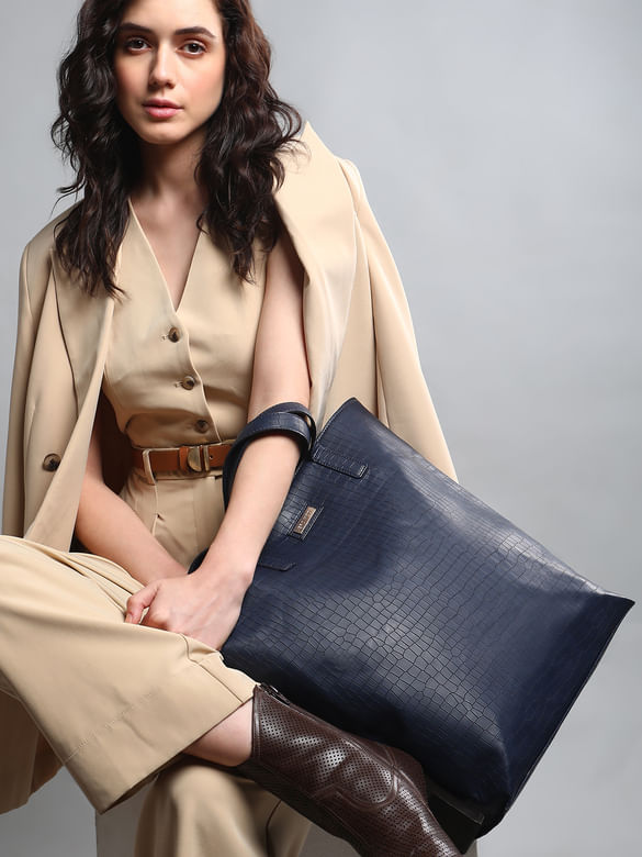 Navy Blue Faux Leather Tote Bag