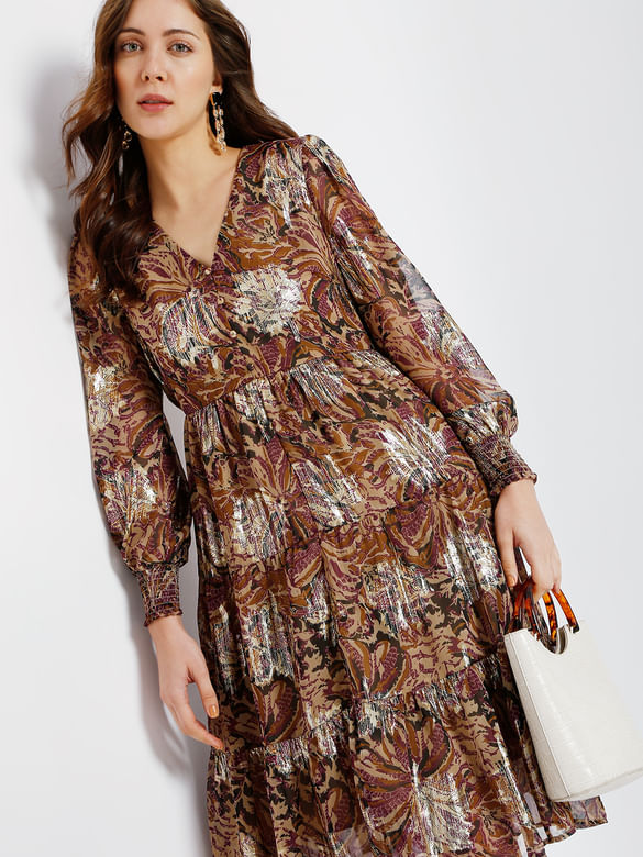 Brown Printed Tiered Shift Dress