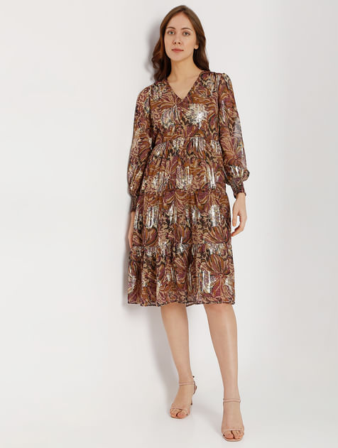 Brown Printed Tiered Shift Dress