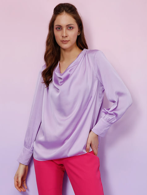 MARQUEE Lilac Satin Cowl Neck Top