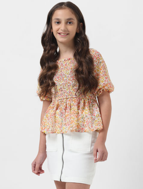 GIRL Off-White Floral Smocked Top