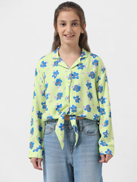GIRL Green Floral Front Knot Shirt