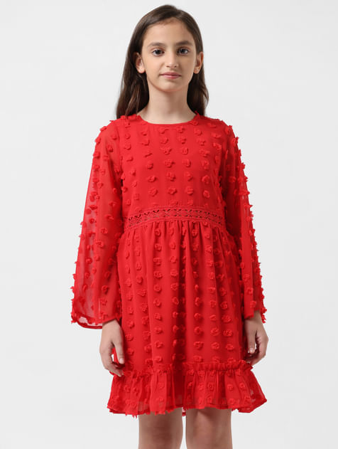 GIRL Red Textured Fit & Flare Dress