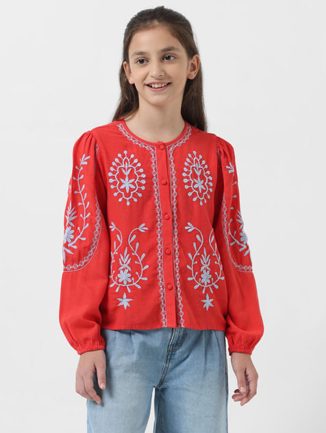 GIRL Red Embroidered Top