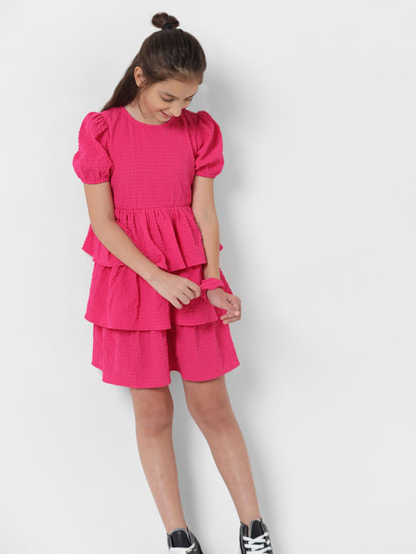 GIRL Pink Textured Belted Fit & Flare Dress