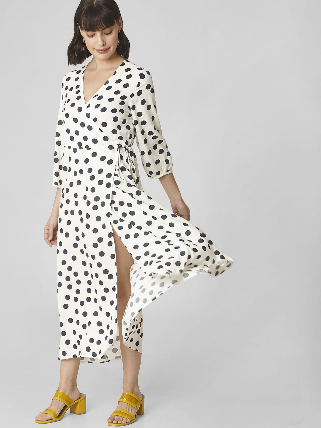 mustard polka dot wrap dress