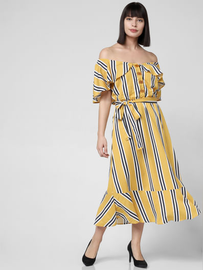 Yellow Striped Off-Shoulder Dress
